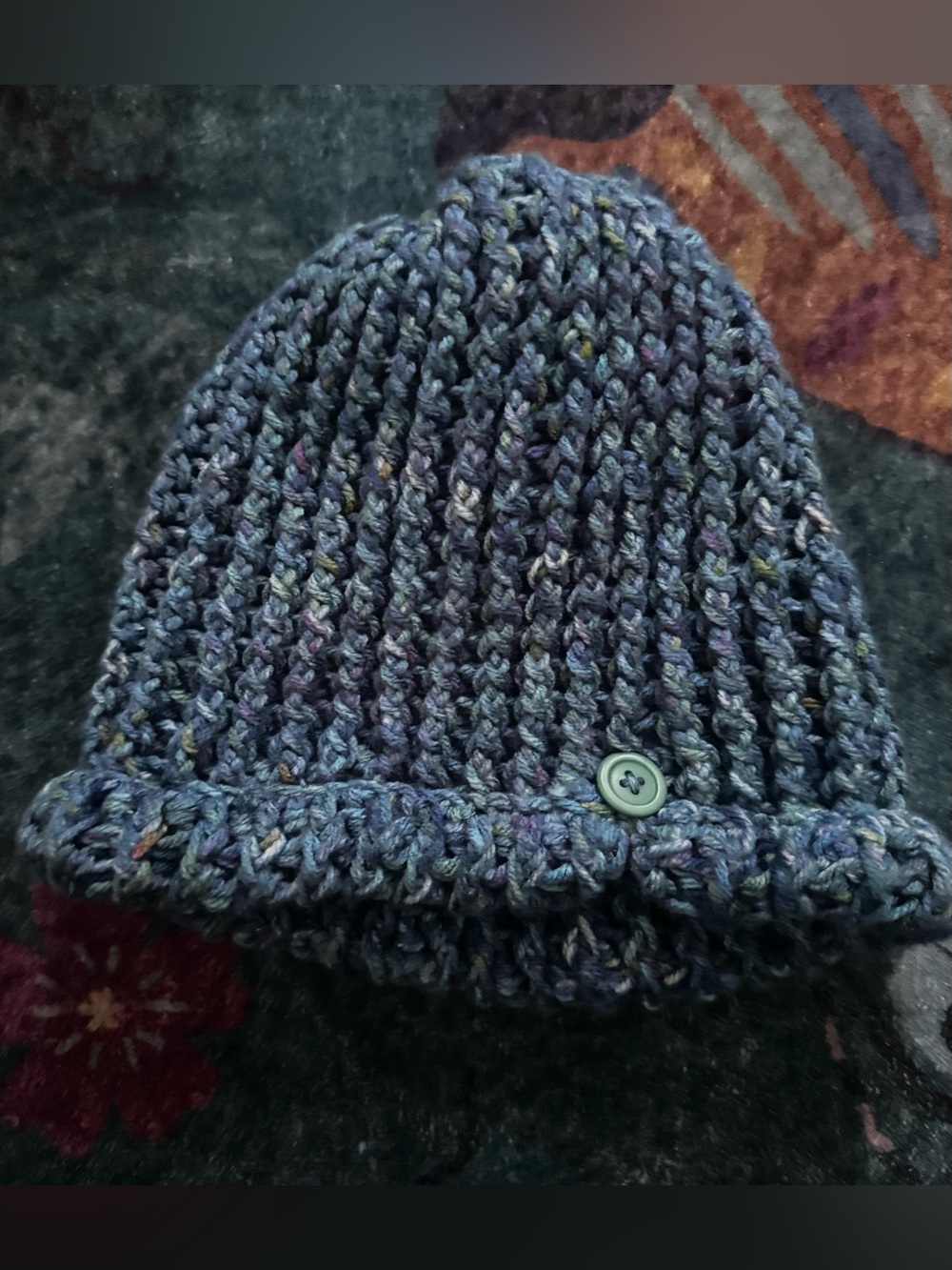 Hand-Knit Multicolor Blue Green Beanie with Button Winter Hat One Size VGUC